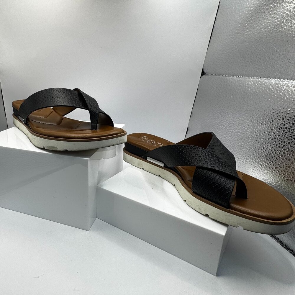 Franco Sarto Black Leather Slide Sandals | Comfort Cushioned Flats